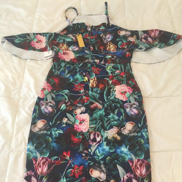 Alexia Admor Floral Cold-Shoulder Midi Cocktail Dress Ruffle Sleeve ,Size S,NEW - Picture 4 of 9
